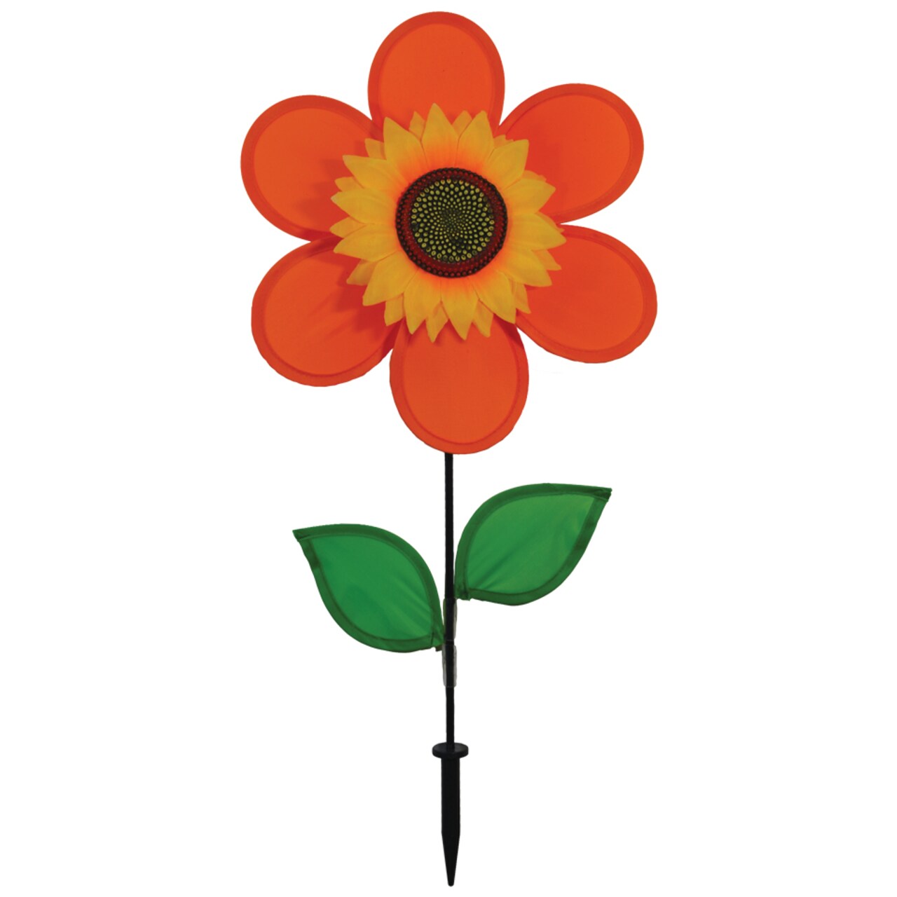 In the Breeze 2704 - 12 Inch Orange Sunflower Wind Spinner with Leaves - Colorful Flower for your Yard and Garden
